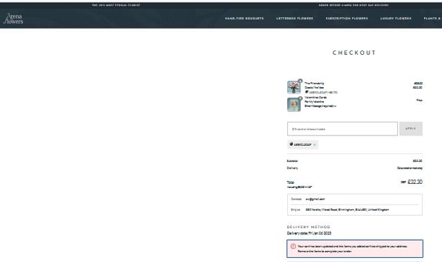 Arena Flowers checkout page showing Arena Flowers discount code box | Screenshot taken by SimplyCodes community member on Jan 6, 2023