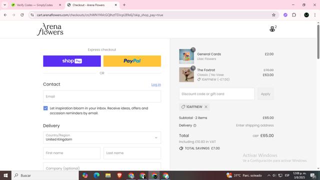 Arena Flowers checkout page showing Arena Flowers discount code box | Screenshot taken by SimplyCodes community member on Aug 3, 2025