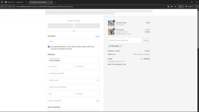 Arena Flowers checkout page showing Arena Flowers discount code box | Screenshot taken by SimplyCodes community member on Aug 3, 2025
