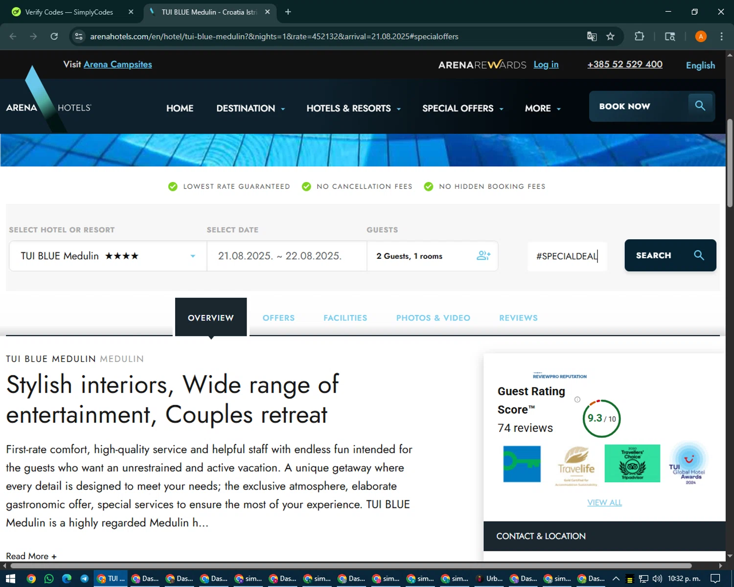 Arena Hotels checkout page showing Arena Hotels promo code box | Screenshot taken by SimplyCodes community member on Aug 19, 2025