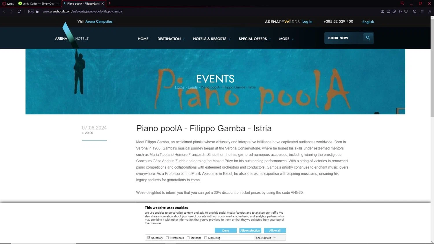 Arena Hotels promo code screenshot showing code AHG30 applied at Arena Hotels checkout page. Uploaded by SimplyCodes community member CleverAdmiral2537 on Feb 14, 2025