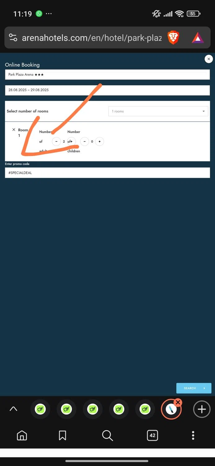 Arena Hotels promo code screenshot showing code #SPECIALDEAL applied at Arena Hotels checkout page. Uploaded by SimplyCodes community member Dejadepicharme on Aug 25, 2025