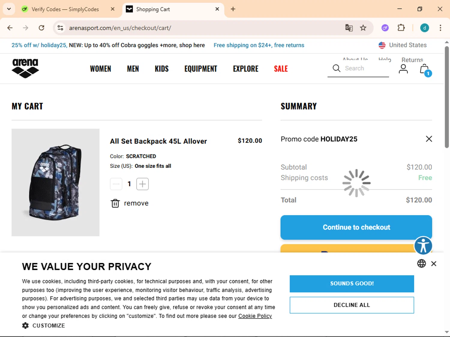Arenasport promo code screenshot showing code HOLIDAY25 applied at Arenasport checkout page. Uploaded by SimplyCodes community member Simpsince95 on Dec 2, 2025