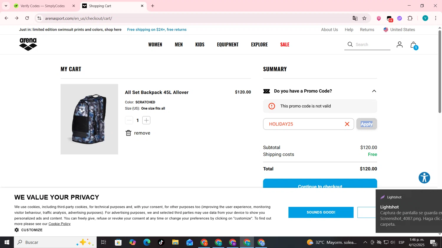 Arenasport promo code screenshot showing code HOLIDAY25 applied at Arenasport checkout page. Uploaded by SimplyCodes community member lyffytaro on Dec 4, 2025
