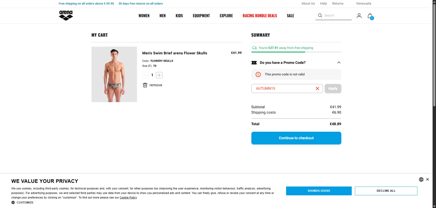 Arenasport promo code screenshot showing code AUTUMN15 applied at Arenasport checkout page. Uploaded by SimplyCodes community member EpicGuardian2592 on Oct 8, 2025
