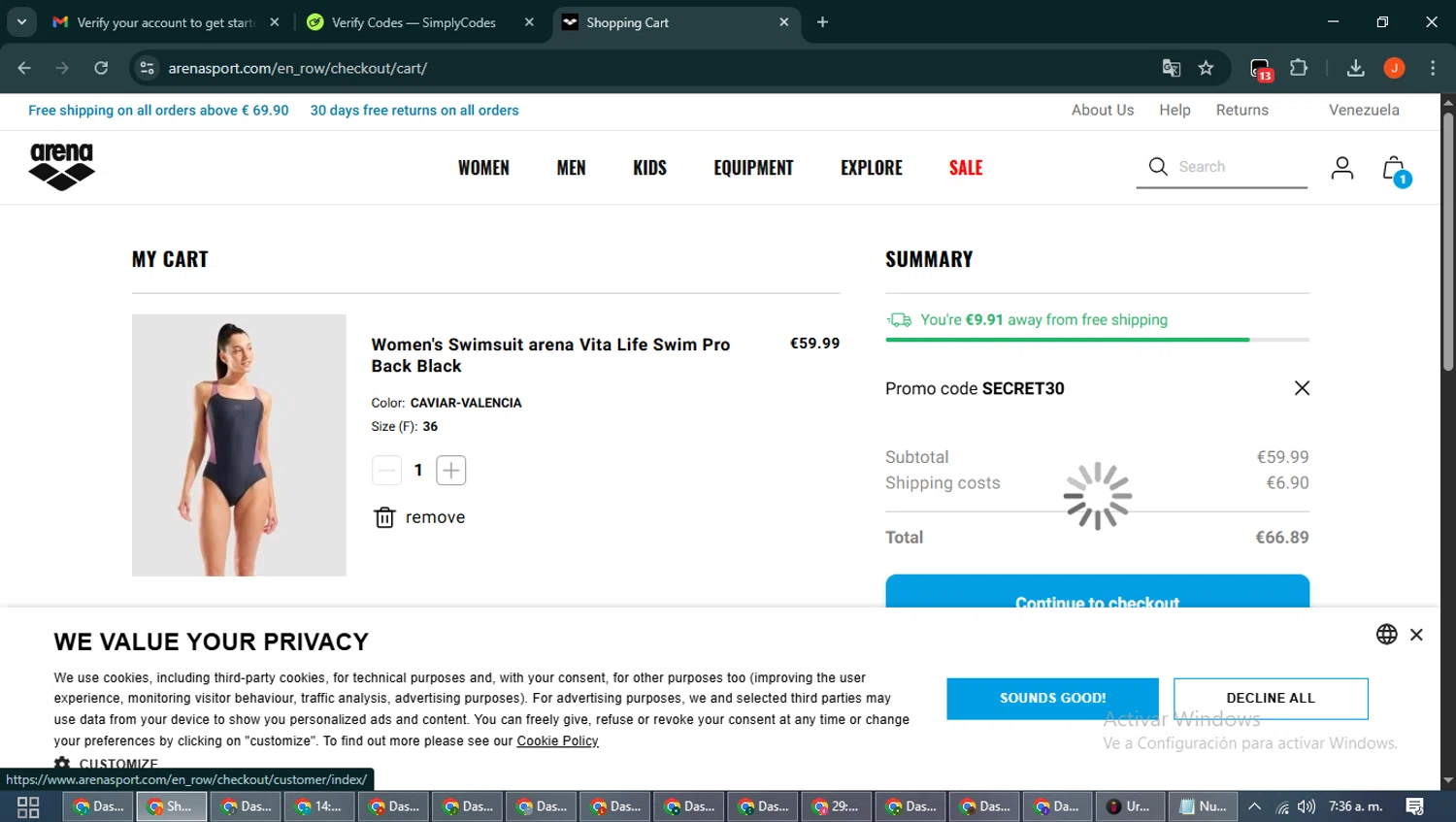 Arenasport promo code screenshot showing code SECRET30 applied at Arenasport checkout page. Uploaded by SimplyCodes community member NobleAce2304 on Dec 28, 2025
