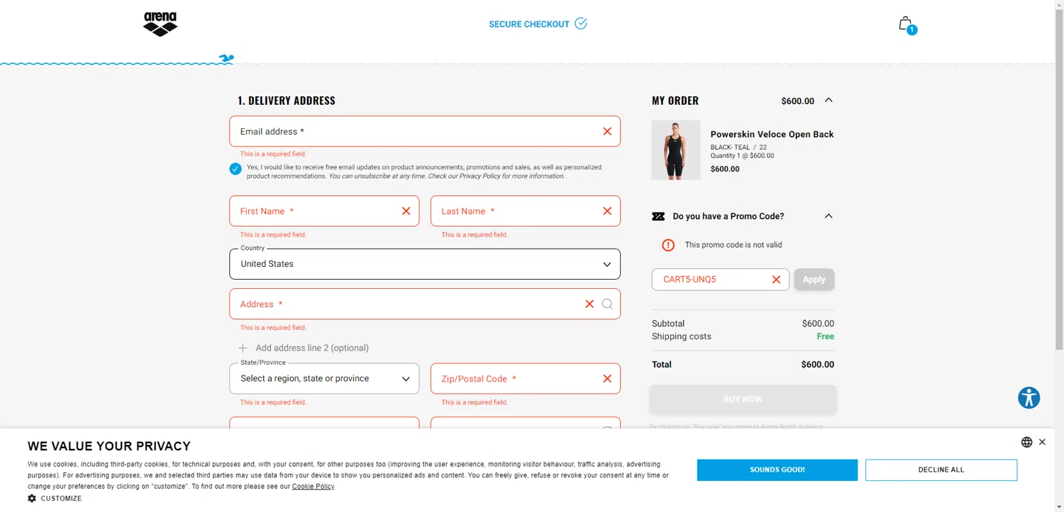 Arenasport promo code screenshot showing code CART5-UNQ5 applied at Arenasport checkout page. Uploaded by SimplyCodes community member CashSentinel5495 on Dec 20, 2025