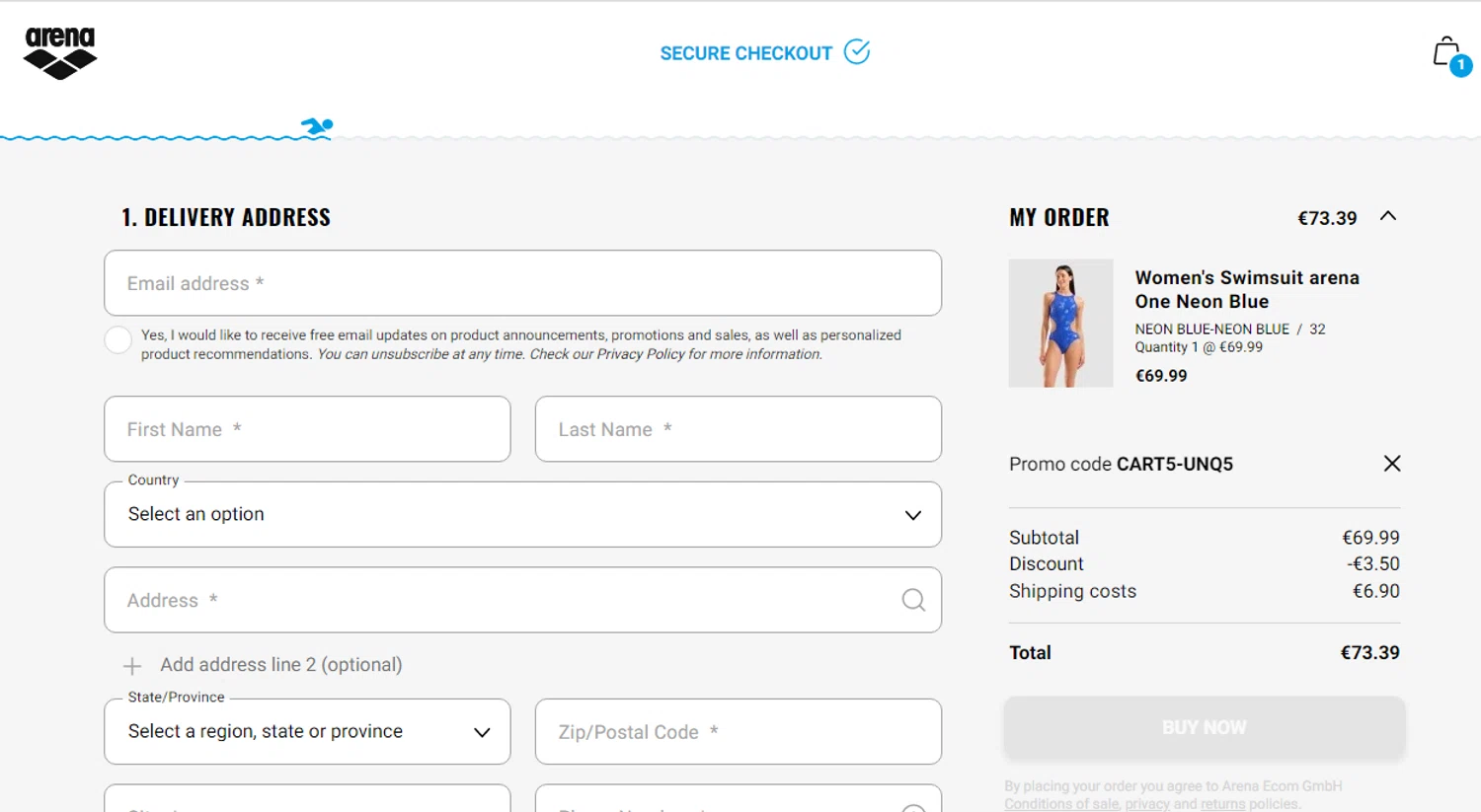 Arenasport promo code screenshot showing code CART5-UNQ5 applied at Arenasport checkout page. Uploaded by SimplyCodes community member SmartSaver7916 on Jan 26, 2026
