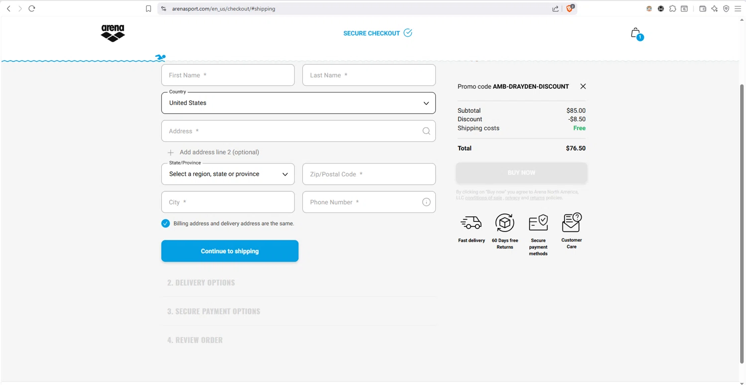 Arenasport checkout page showing Arenasport promo code box | Screenshot taken by SimplyCodes community member on Jan 28, 2026