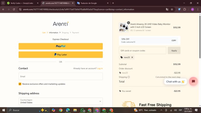 Arenti checkout page showing Arenti coupon code box | Screenshot taken by SimplyCodes community member on Jul 25, 2025