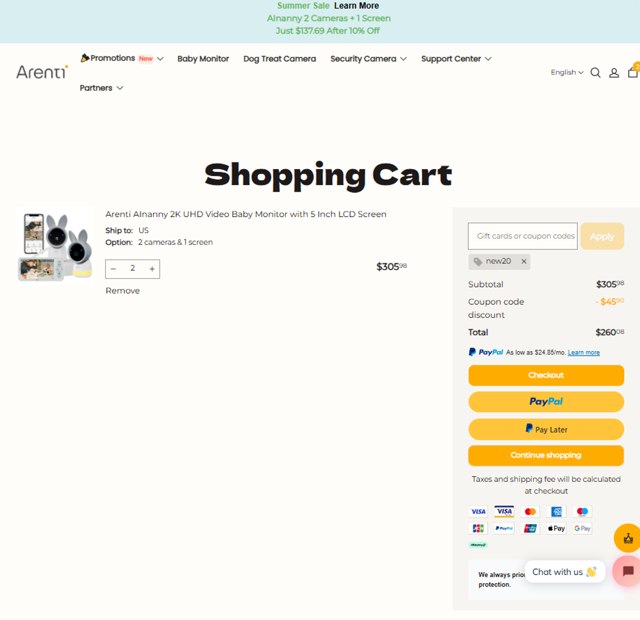Arenti checkout page showing Arenti coupon code box | Screenshot taken by SimplyCodes community member on Jun 30, 2025