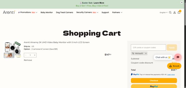 Arenti checkout page showing Arenti coupon code box | Screenshot taken by SimplyCodes community member on Apr 17, 2025