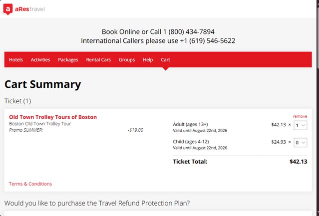 aRes Travel checkout page showing aRes Travel promo code box | Screenshot taken by SimplyCodes community member on Aug 22, 2025