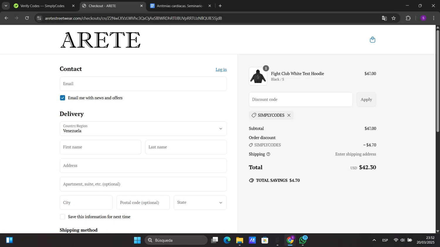 ARETE coupon code screenshot showing code SIMPLYCODES applied at ARETE checkout page. Uploaded by SimplyCodes community member sorialbam on Mar 21, 2025