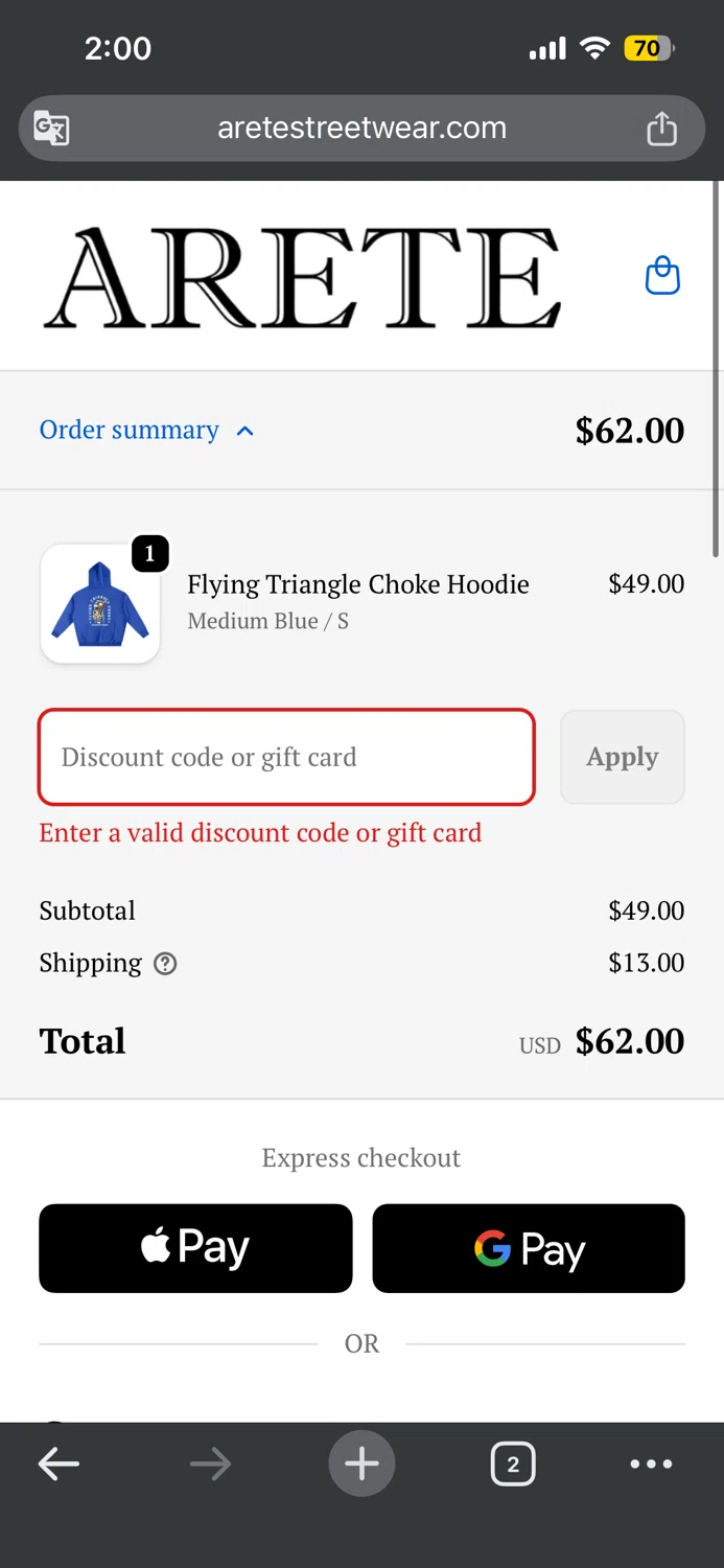 ARETE coupon code screenshot showing code 10OFF applied at ARETE checkout page. Uploaded by SimplyCodes community member ShrewdCollector5610 on Feb 14, 2026