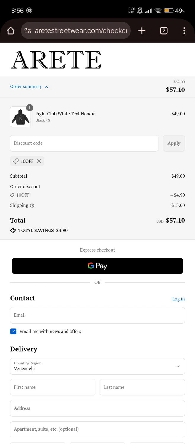 ARETE coupon code screenshot showing code 10OFF applied at ARETE checkout page. Uploaded by SimplyCodes community member chinito on Aug 21, 2025