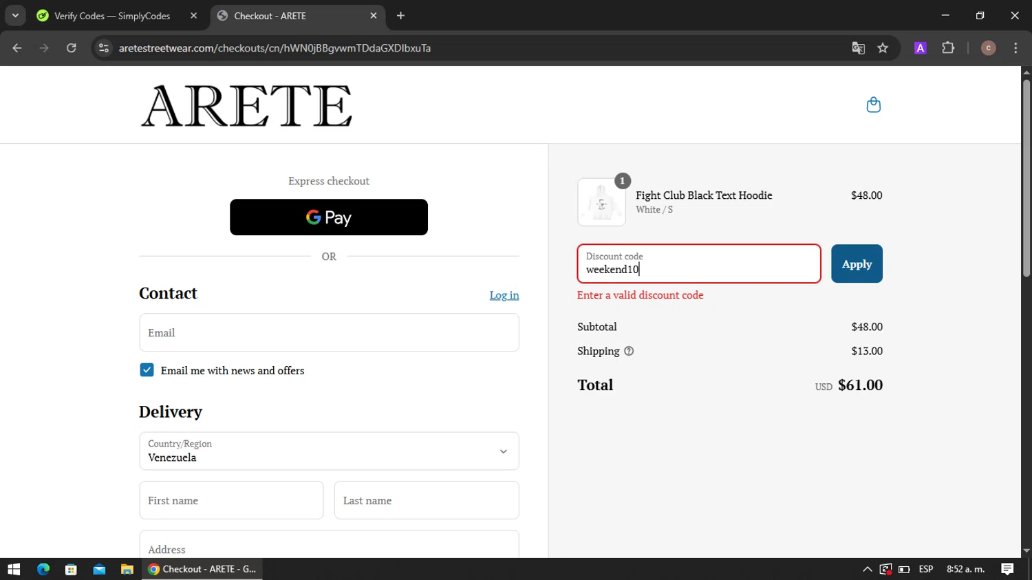 ARETE coupon code screenshot showing code weekend10 applied at ARETE checkout page. Uploaded by SimplyCodes community member VoucherRanger901 on Jul 17, 2025