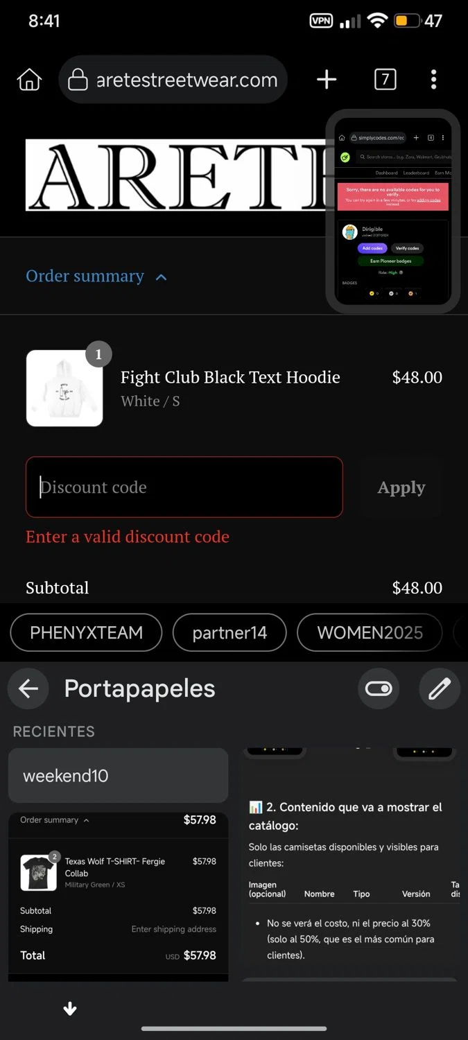 ARETE coupon code screenshot showing code weekend10 applied at ARETE checkout page. Uploaded by SimplyCodes community member cuenta03 on Jul 17, 2025
