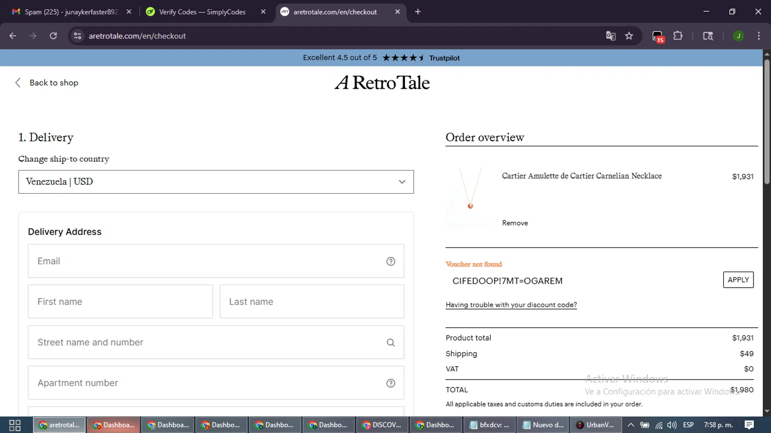 A Retro Tale discount code screenshot showing code CIFEDOOP!7MT=OGAREM applied at A Retro Tale checkout page. Uploaded by SimplyCodes community member SmartLion6646 on Dec 11, 2025