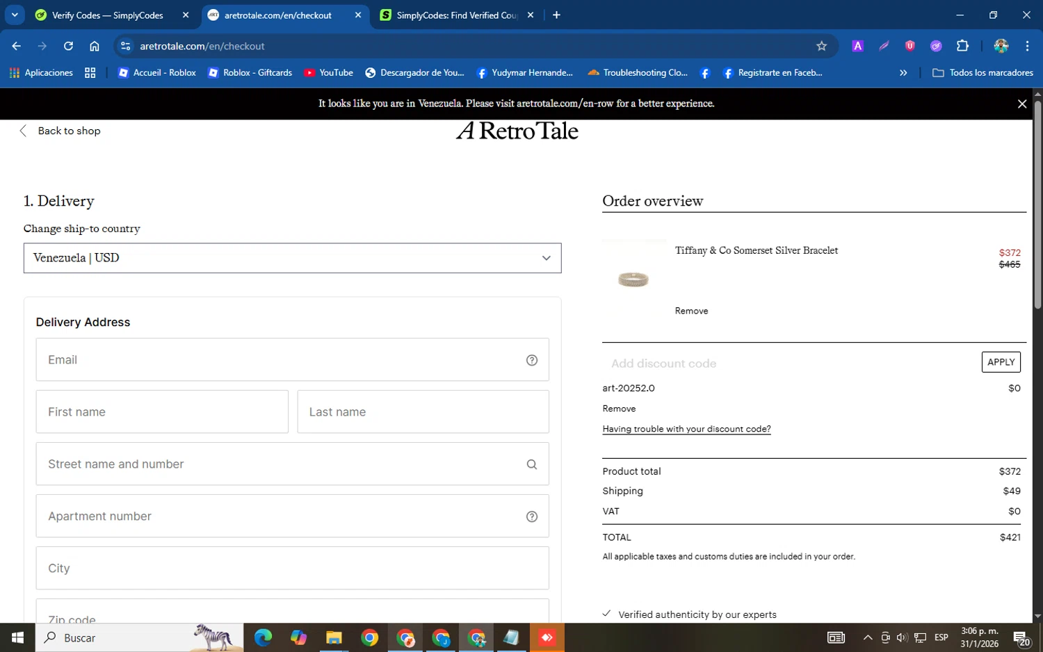 A Retro Tale promo code screenshot showing code art-20252.0 applied at A Retro Tale checkout page. Uploaded by SimplyCodes community member XemoGOD on Jan 31, 2026