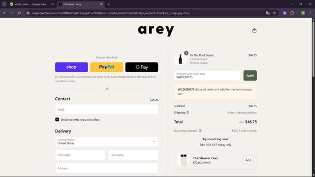 Arey checkout page showing Arey discount code box | Screenshot taken by SimplyCodes community member on Sep 7, 2025