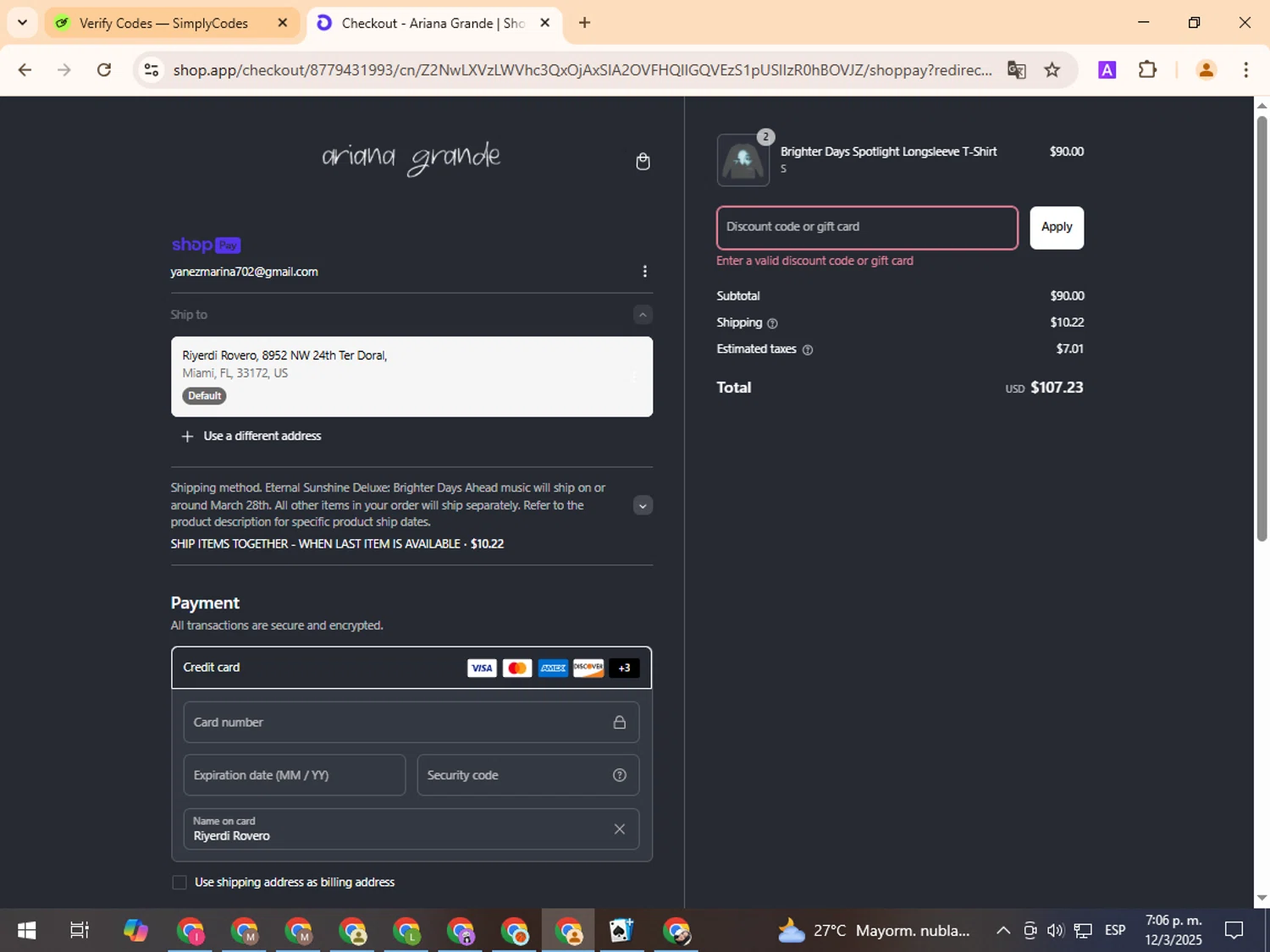 Ariana Grande discount code screenshot showing code ArianaxMon applied at Ariana Grande checkout page. Uploaded by SimplyCodes community member TreasurePro466 on Mar 12, 2025