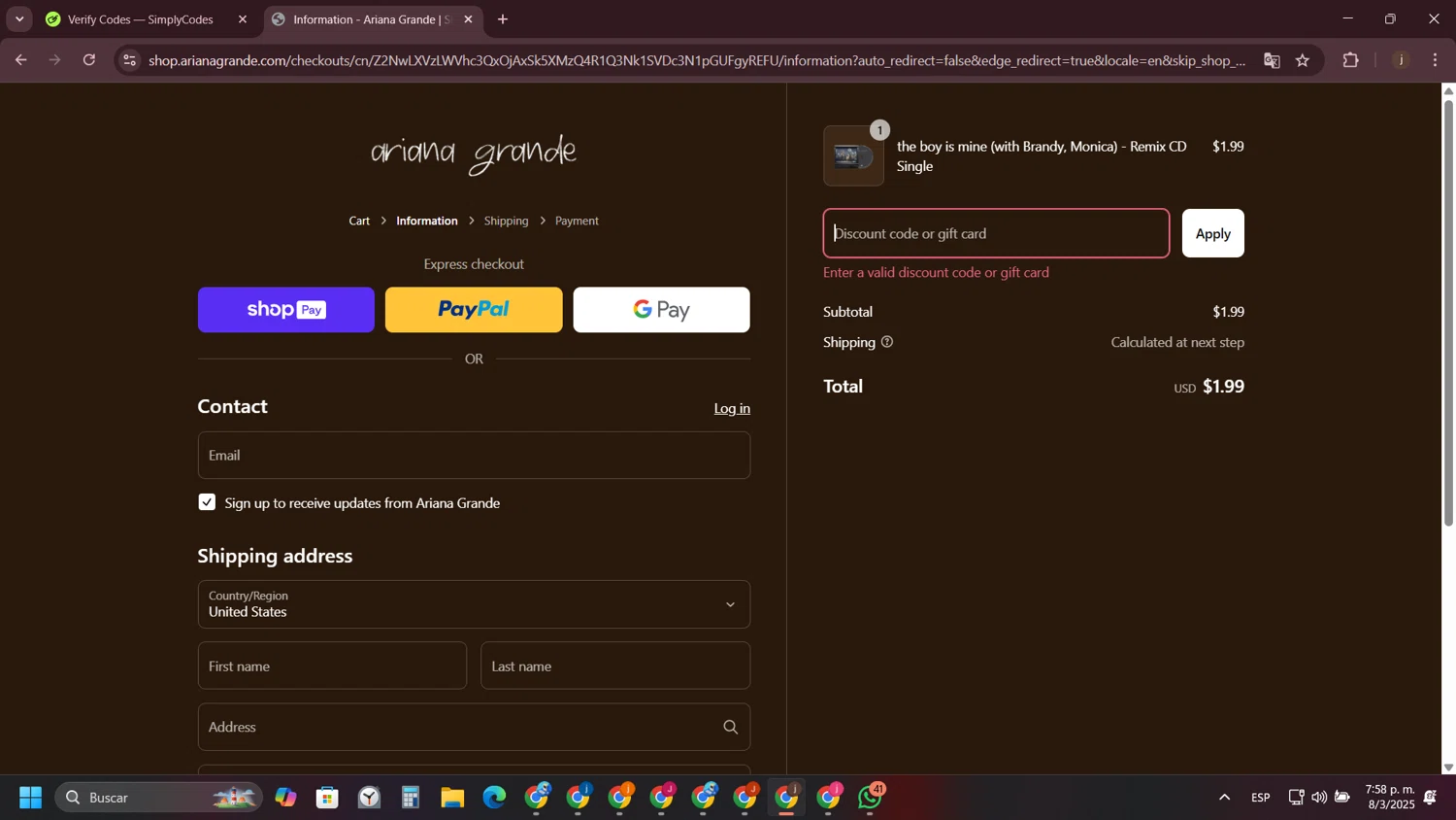 Ariana Grande discount code screenshot showing code ArianaxMon applied at Ariana Grande checkout page. Uploaded by SimplyCodes community member VictoriousVirtuoso7711 on Mar 8, 2025