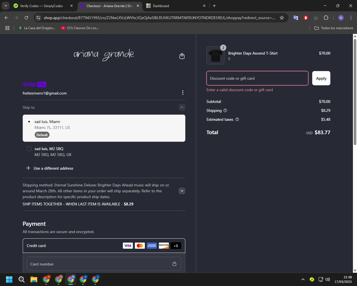 Ariana Grande discount code screenshot showing code BESTIE applied at Ariana Grande checkout page. Uploaded by SimplyCodes community member RoyalGuardian2978 on Mar 18, 2025