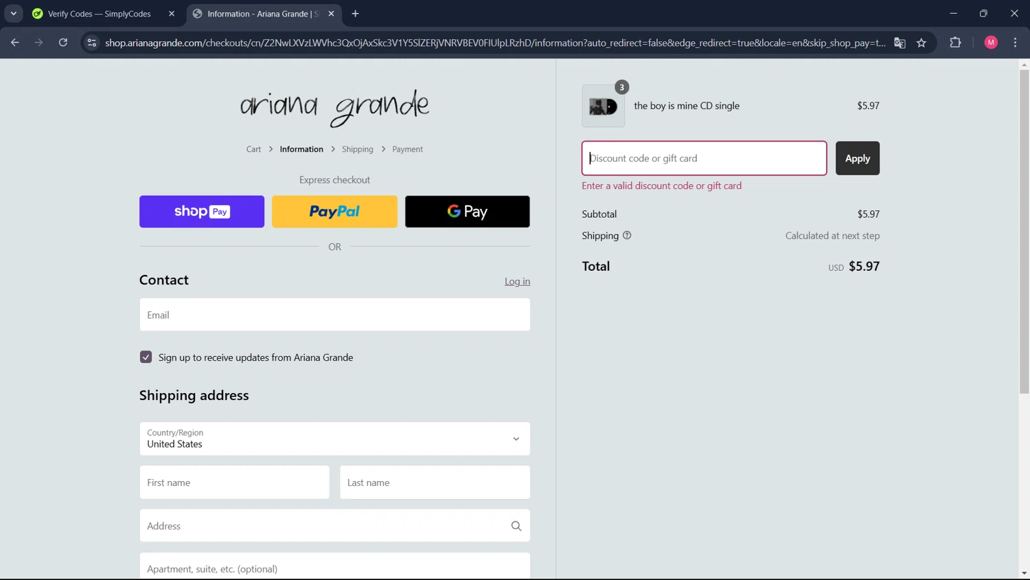 Ariana Grande discount code screenshot showing code BESTIE applied at Ariana Grande checkout page. Uploaded by SimplyCodes community member ValueCollector4159 on Dec 29, 2024