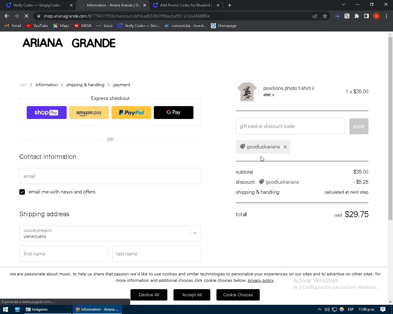 Ariana Grande checkout page showing Ariana Grande discount code box | Screenshot taken by SimplyCodes community member on Mar 31, 2022