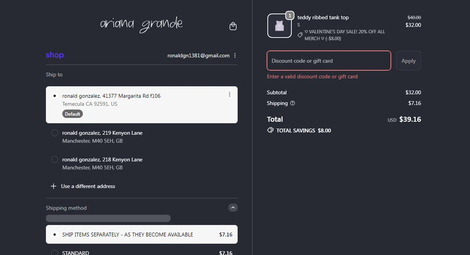 Ariana Grande discount code screenshot showing code Thanku applied at Ariana Grande checkout page. Uploaded by SimplyCodes community member Josecaste on Feb 10, 2026