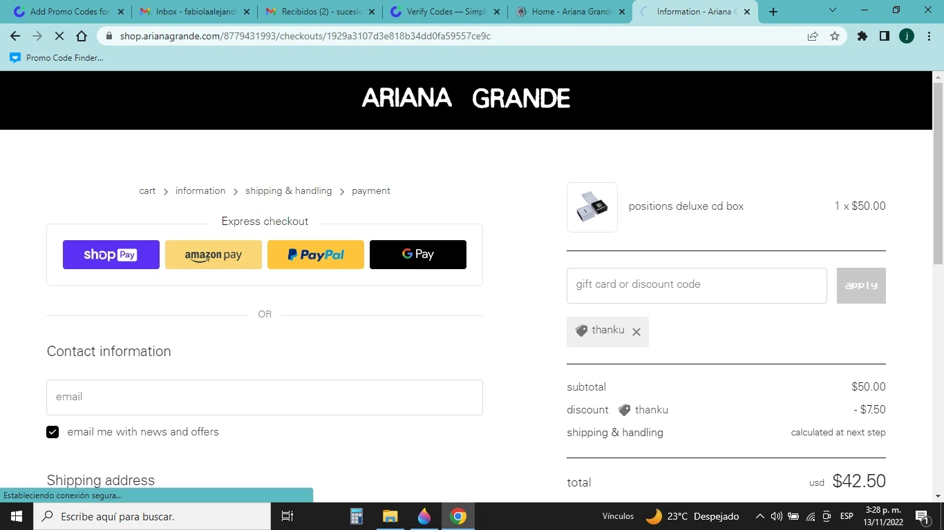 Ariana Grande checkout page showing Ariana Grande discount code box | Screenshot taken by SimplyCodes community member on Nov 13, 2022