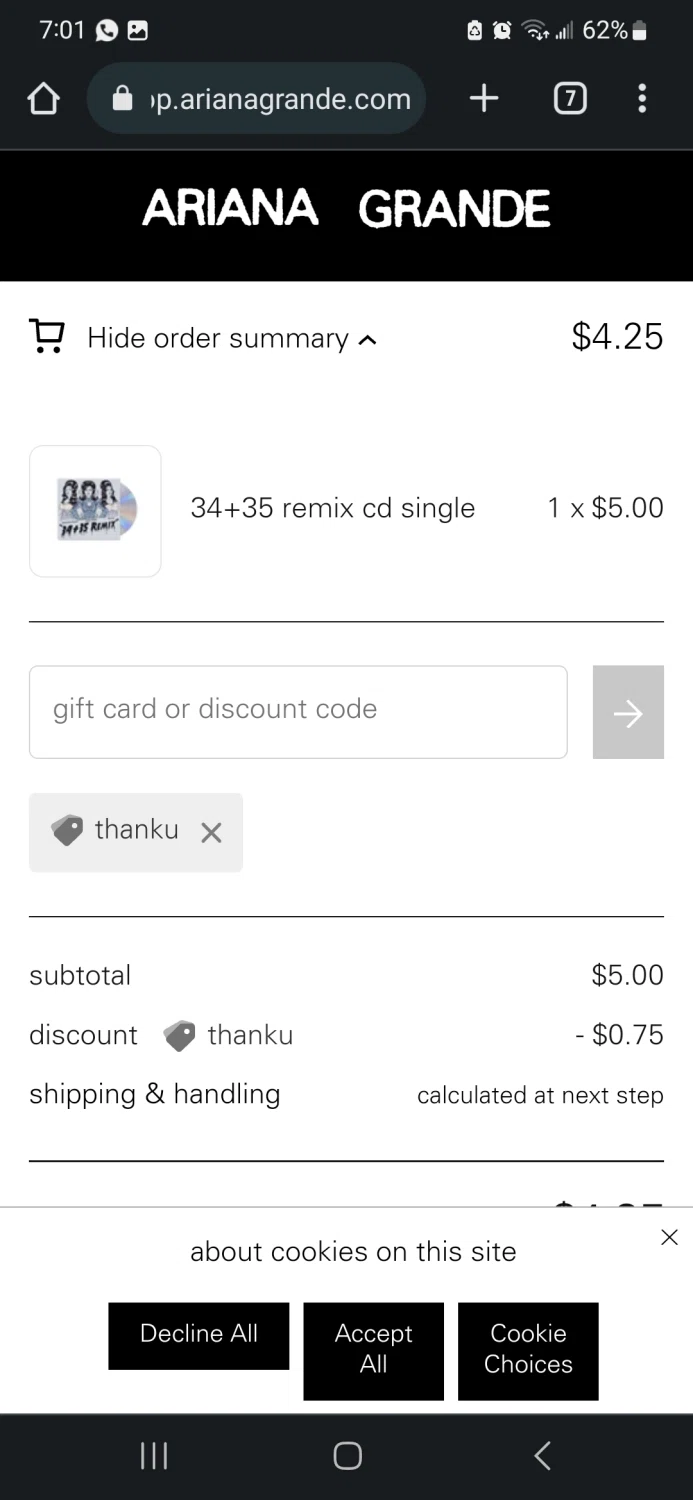 Ariana Grande checkout page showing Ariana Grande discount code box | Screenshot taken by SimplyCodes community member on Feb 8, 2023