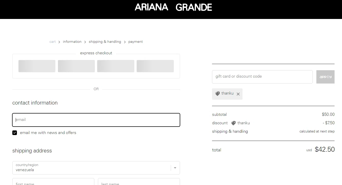 Ariana Grande checkout page showing Ariana Grande discount code box | Screenshot taken by SimplyCodes community member on Mar 9, 2023