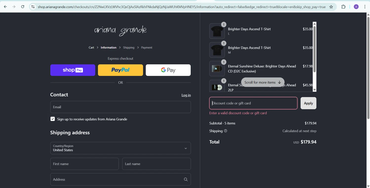 Ariana Grande checkout page showing Ariana Grande discount code box | Screenshot taken by SimplyCodes community member on Mar 11, 2025