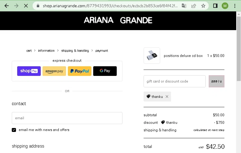 Ariana Grande checkout page showing Ariana Grande discount code box | Screenshot taken by SimplyCodes community member on Aug 28, 2023