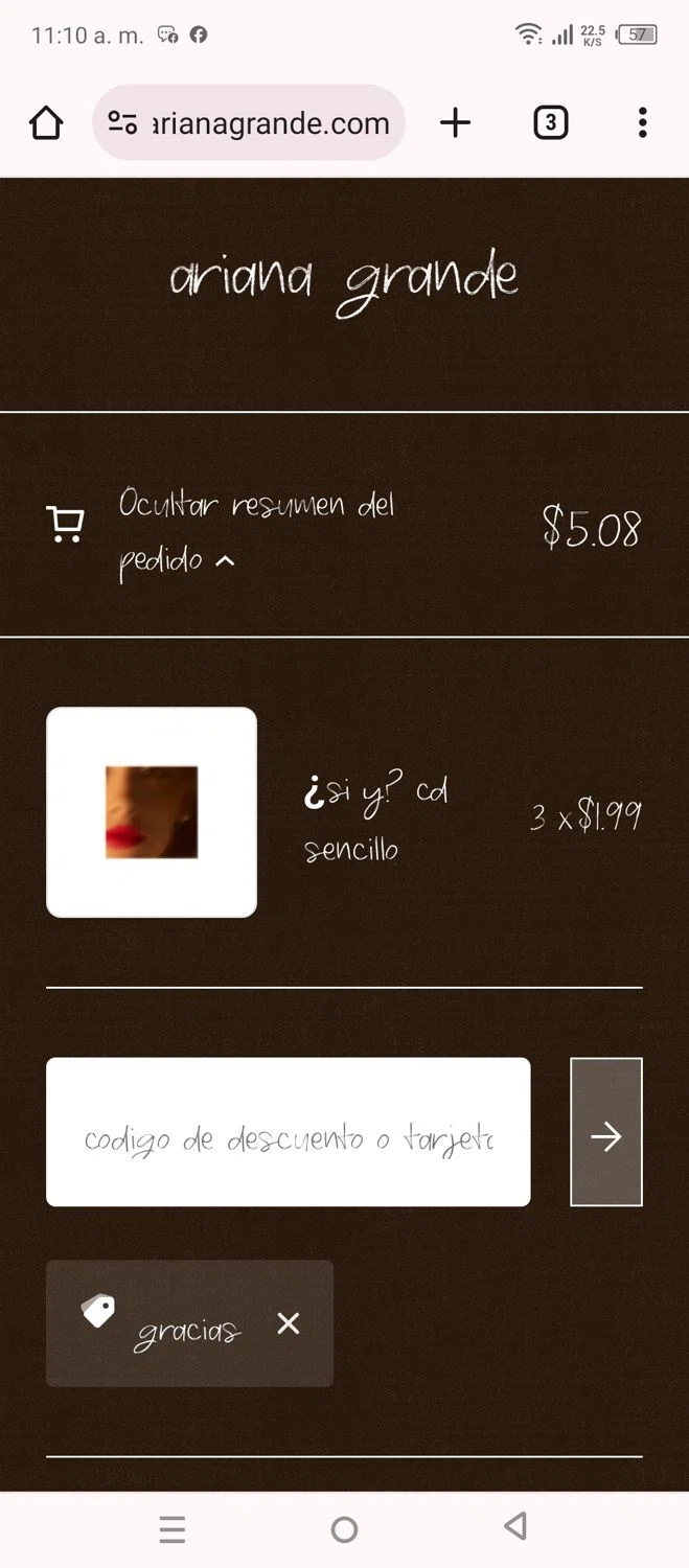 Ariana Grande checkout page showing Ariana Grande discount code box | Screenshot taken by SimplyCodes community member on Jan 7, 2024