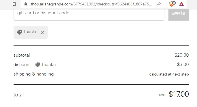 Ariana Grande checkout page showing Ariana Grande discount code box | Screenshot taken by SimplyCodes community member on May 6, 2023