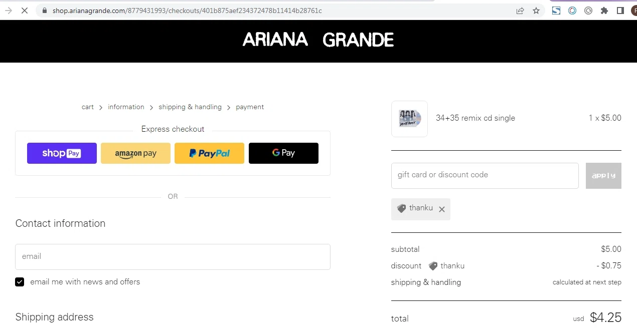 Ariana Grande checkout page showing Ariana Grande discount code box | Screenshot taken by SimplyCodes community member on Jan 10, 2023