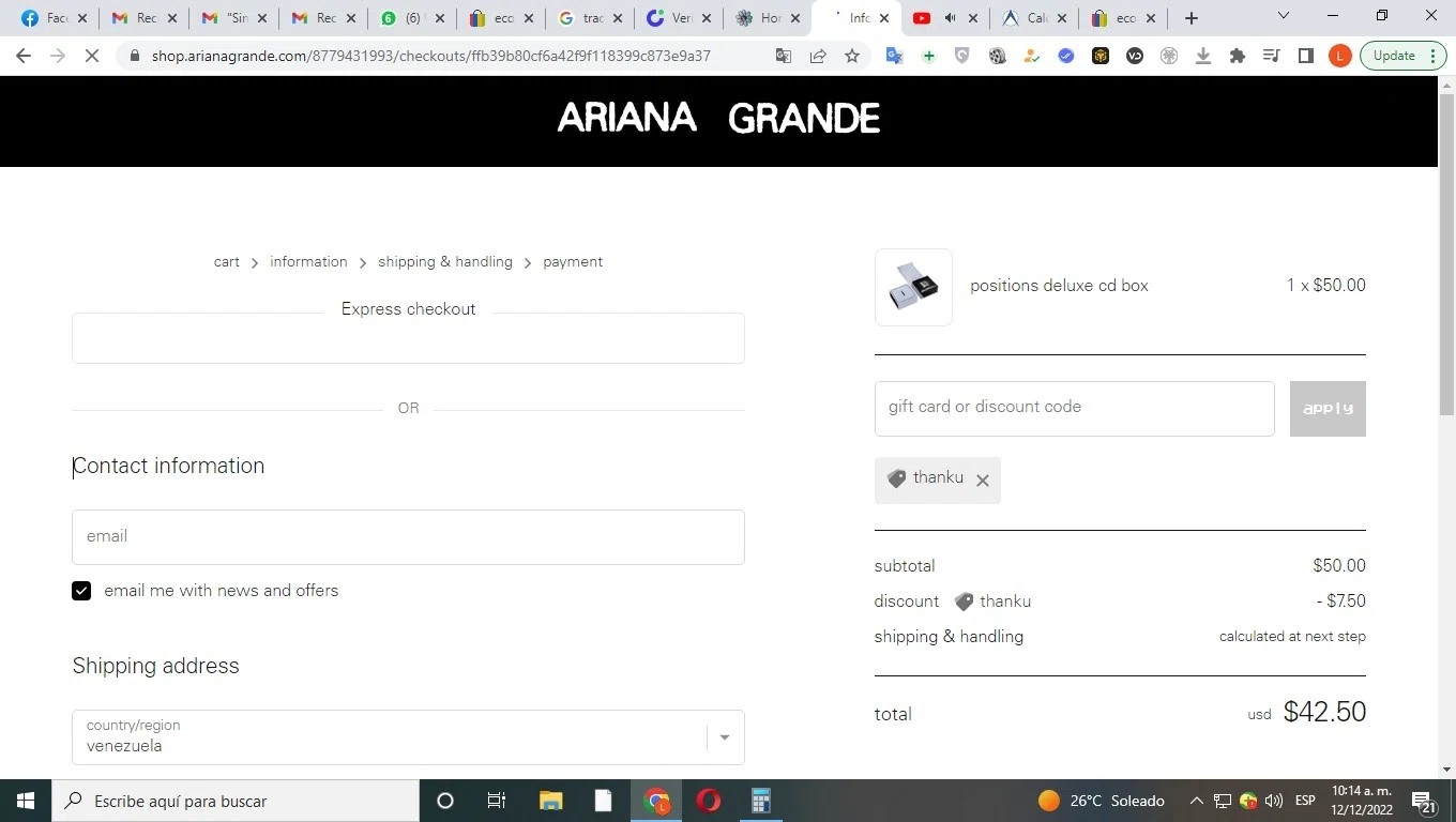 Ariana Grande checkout page showing Ariana Grande discount code box | Screenshot taken by SimplyCodes community member on Dec 12, 2022