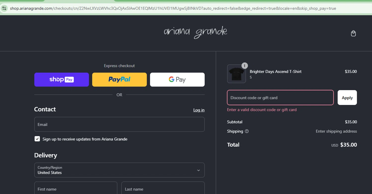 Ariana Grande discount code screenshot showing code SANTATELLME25 applied at Ariana Grande checkout page. Uploaded by SimplyCodes community member CoinOwl9375 on Mar 10, 2025