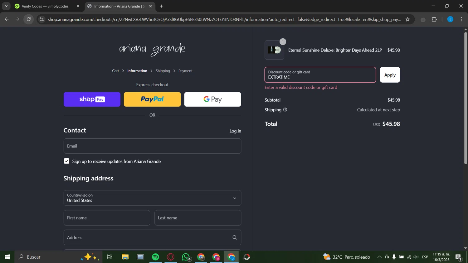 Ariana Grande discount code screenshot showing code EXTRATIME applied at Ariana Grande checkout page. Uploaded by SimplyCodes community member ValiantEagle7856 on Mar 16, 2025