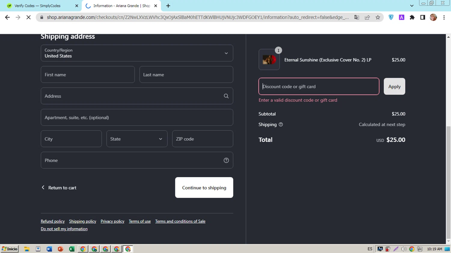 Ariana Grande discount code screenshot showing code EXTRATIME applied at Ariana Grande checkout page. Uploaded by SimplyCodes community member hectorpetit1 on Mar 22, 2025