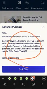 ARIA Resort & Casino coupon verification screenshot