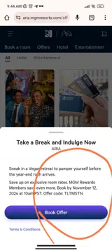 ARIA Resort & Casino coupon verification screenshot