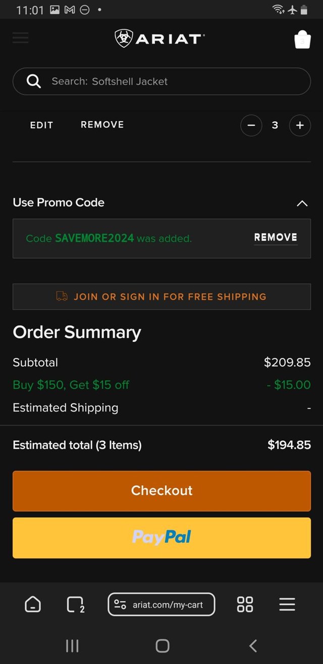 Ariat International checkout page showing Ariat International promo code box | Screenshot taken by SimplyCodes community member on Dec 7, 2024