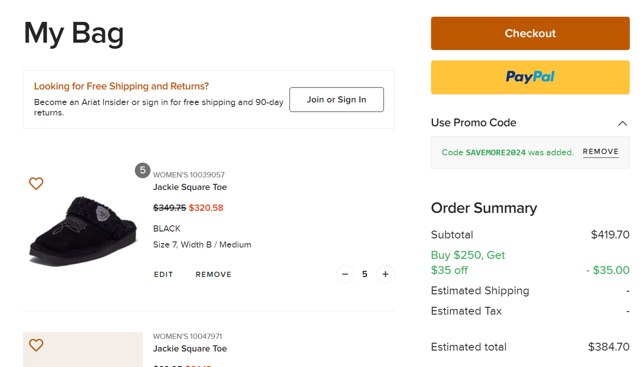 Ariat International checkout page showing Ariat International promo code box | Screenshot taken by SimplyCodes community member on Dec 7, 2024