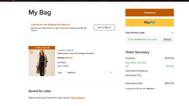 Ariat International checkout page showing Ariat International promo code box | Screenshot taken by SimplyCodes community member on Dec 7, 2024