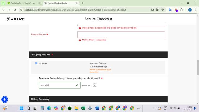 Ariat International checkout page showing Ariat International promo code box | Screenshot taken by SimplyCodes community member on Dec 18, 2024
