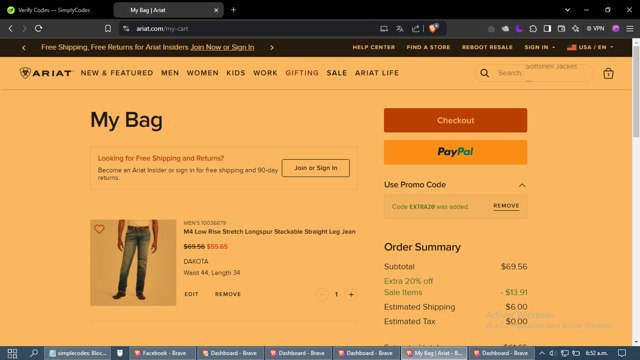 Ariat International checkout page showing Ariat International promo code box | Screenshot taken by SimplyCodes community member on Dec 10, 2024